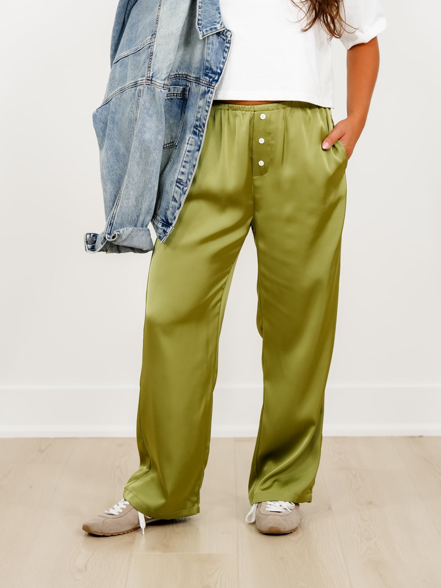 Satin Elastic Waist Pants with Side Pockets