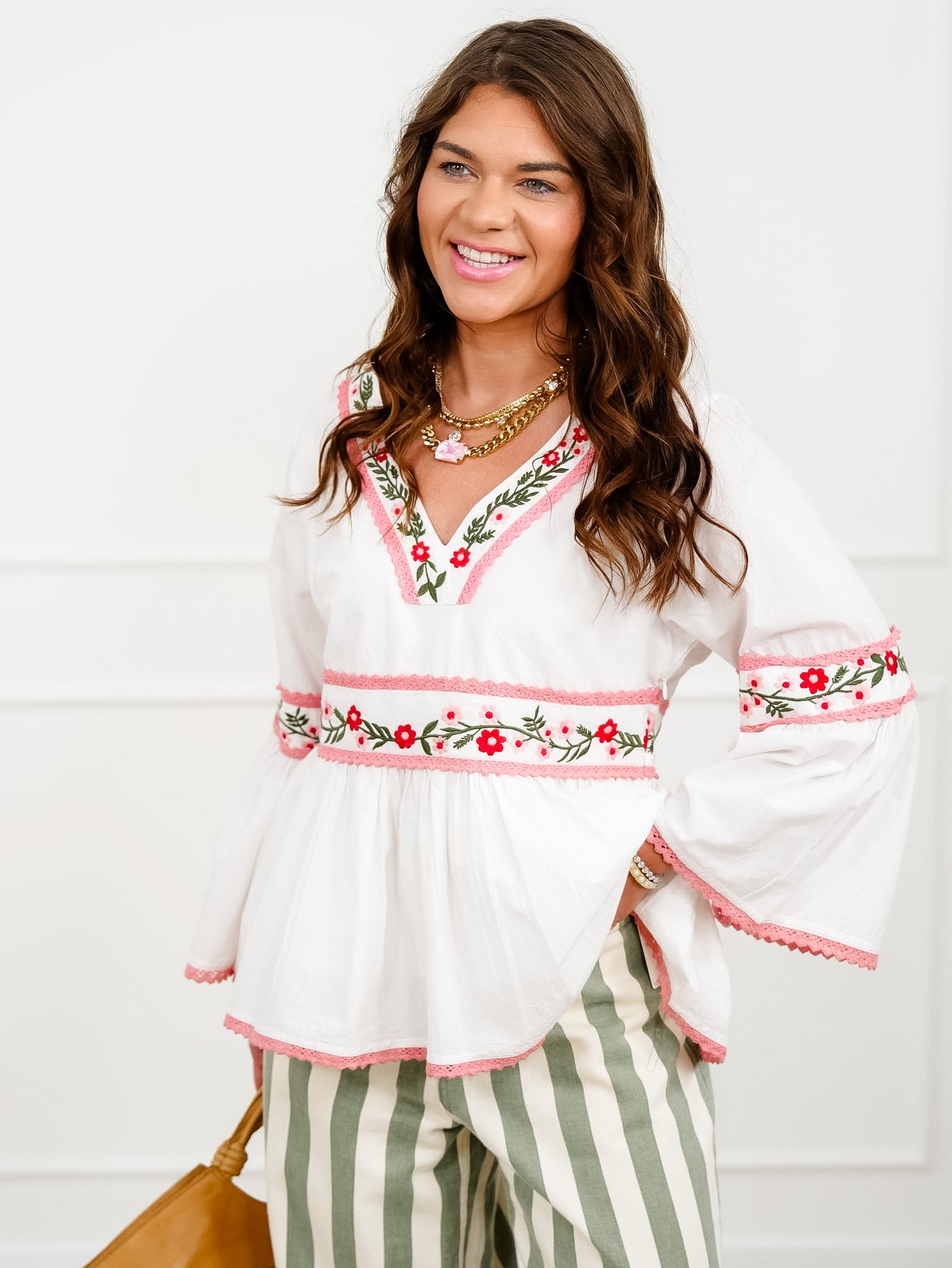 POL Embroidered 3/4 Sleeve V Neck Blouse
