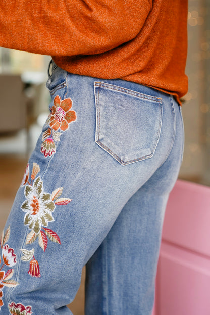 Medium Washed High Waist Jeans with Flower Embroidery