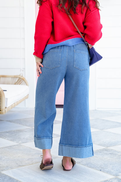 Plus/Reg Medium Wash Wide Leg Pants with Bow Detail