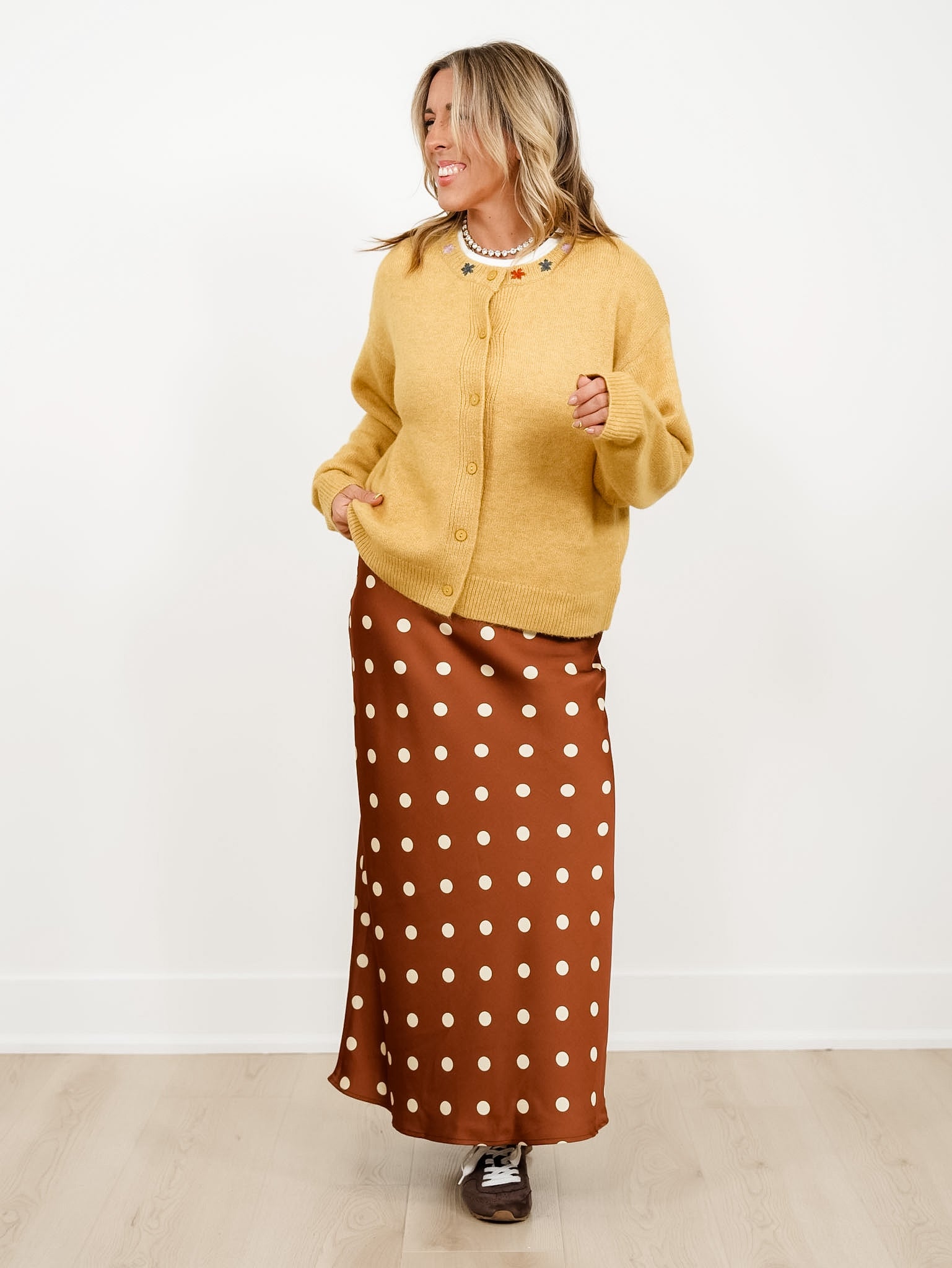 Long Sleeve Button Down Cardigan with Floral Embroidery - Freckled Poppy