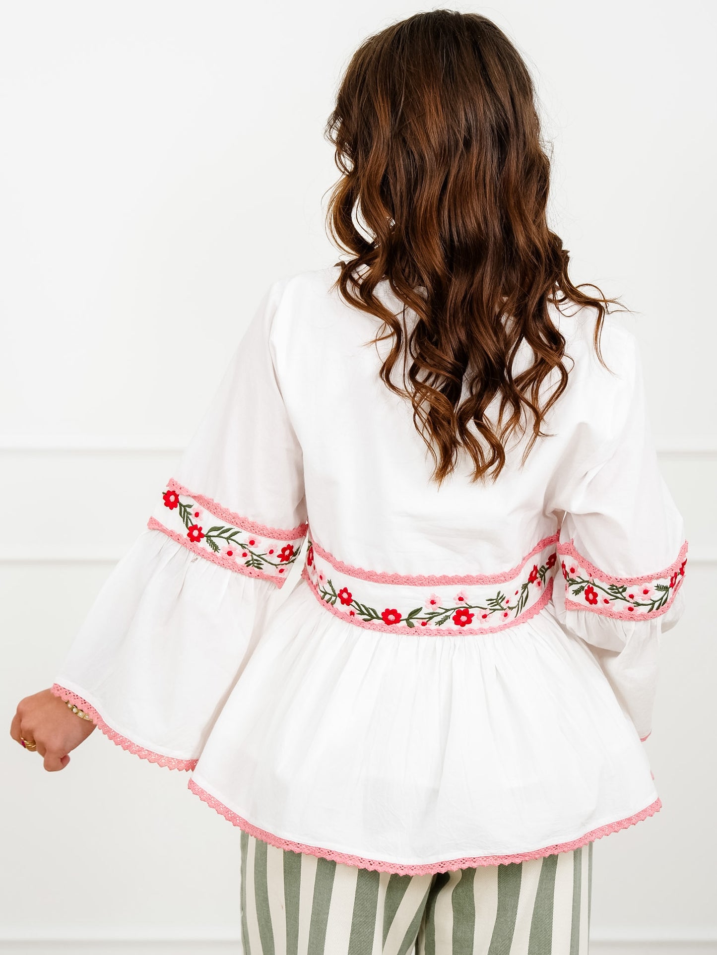 POL Embroidered 3/4 Sleeve V Neck Blouse