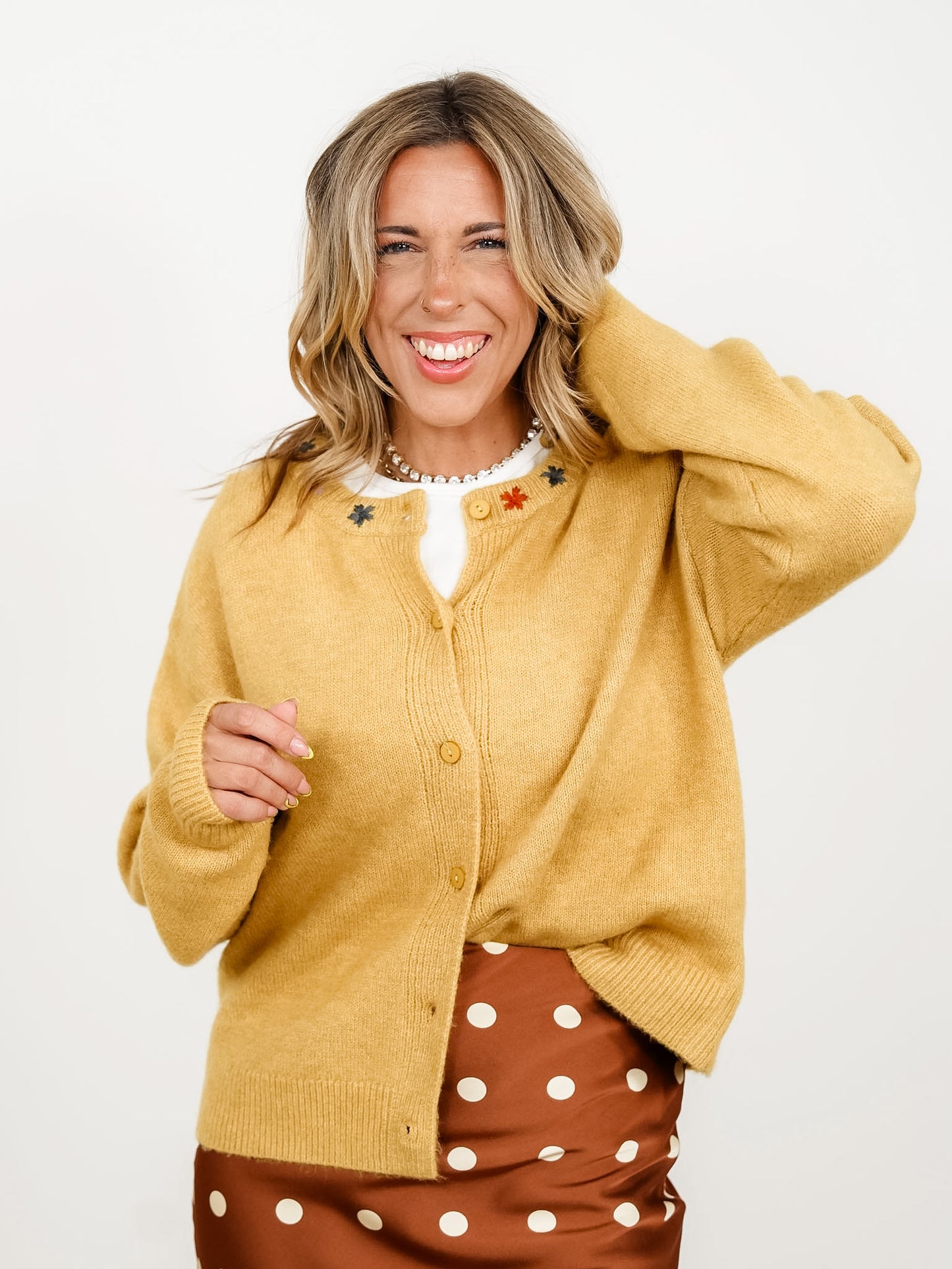 Long Sleeve Button Down Cardigan with Floral Embroidery - Freckled Poppy