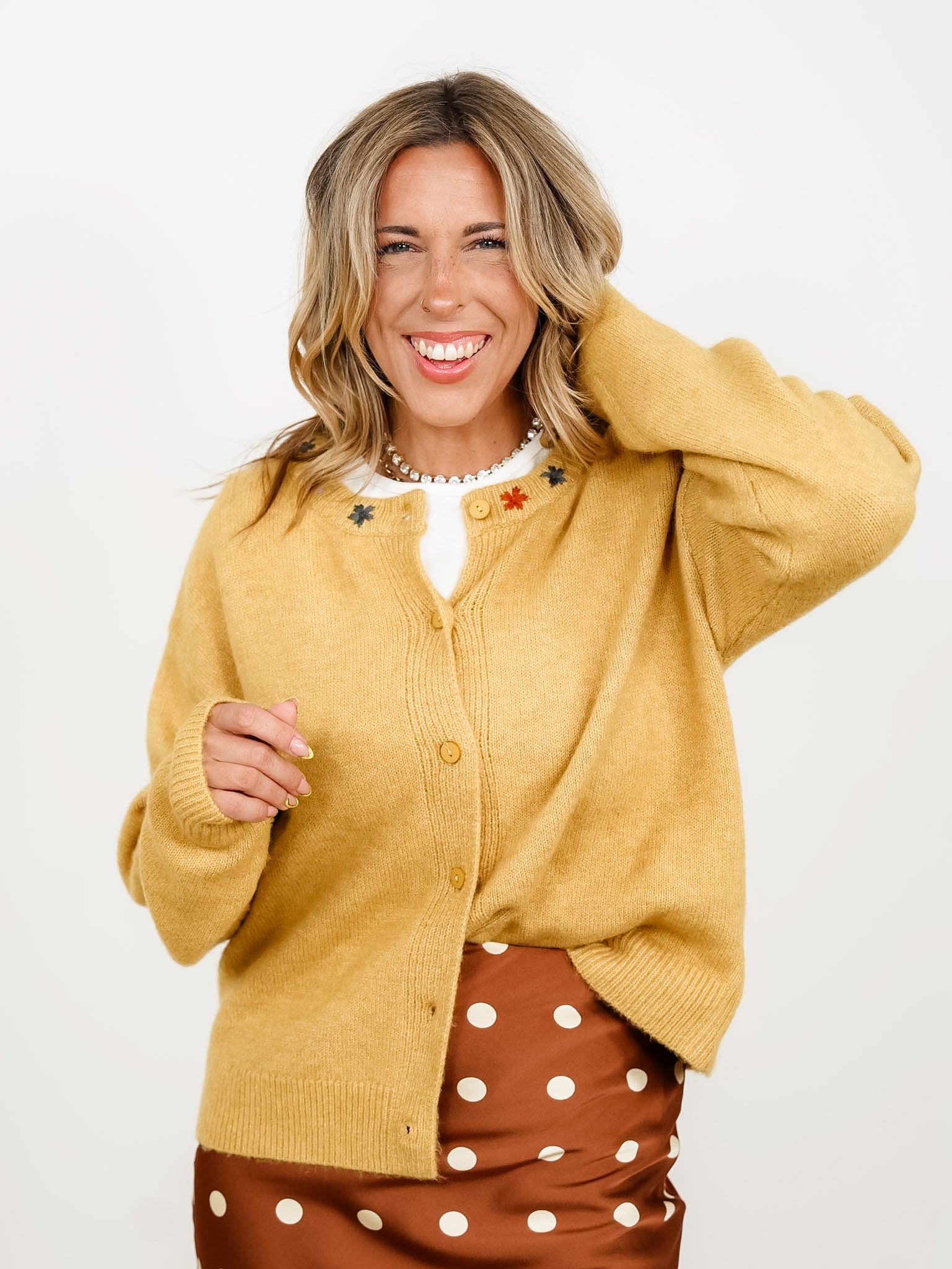 Long Sleeve Button Down Cardigan with Floral Embroidery - Freckled Poppy