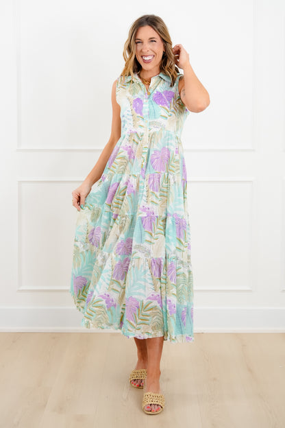 POL Tropical Print Sleeveless Button Up Tiered Dress