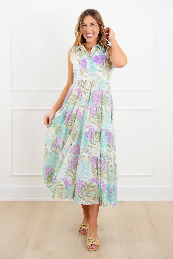 POL Tropical Print Sleeveless Button Up Tiered Dress