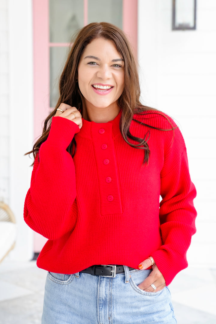 Red Long Sleeve Button Up Pullover Sweater