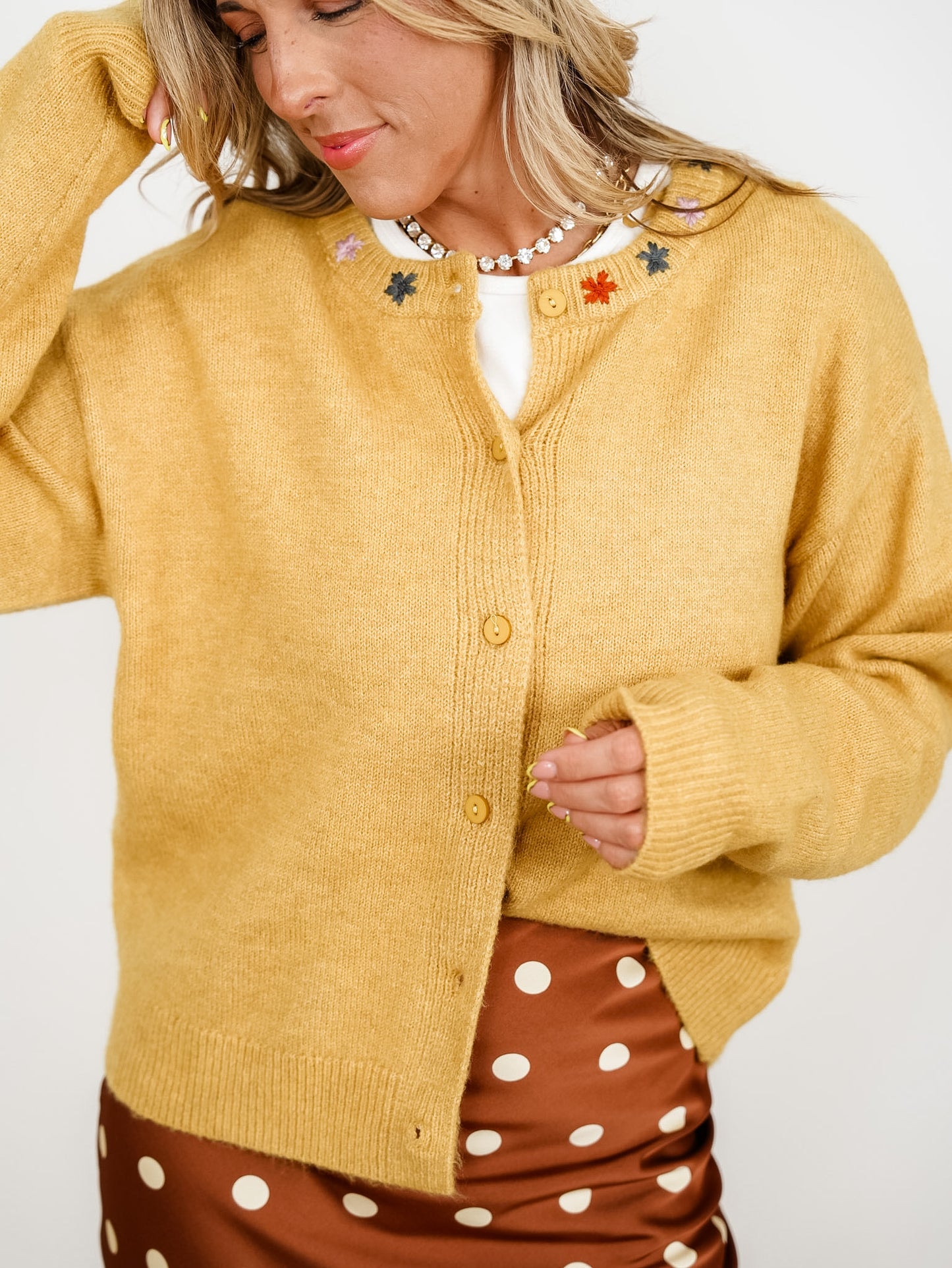 Long Sleeve Button Down Cardigan with Floral Embroidery - Freckled Poppy