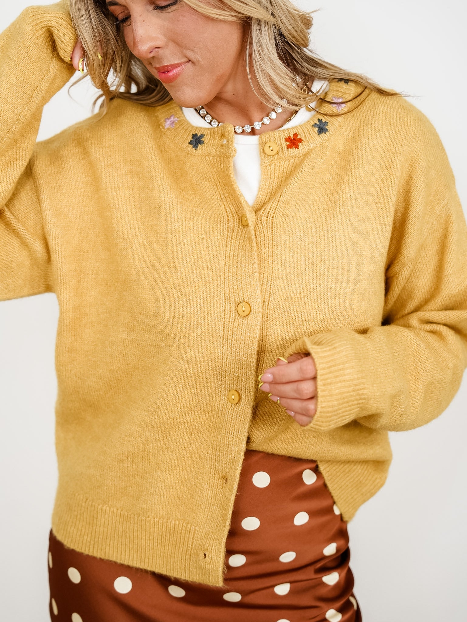 Long Sleeve Button Down Cardigan with Floral Embroidery - Freckled Poppy