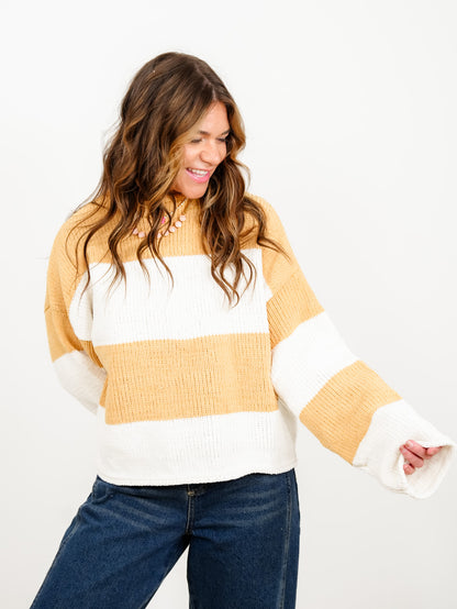 POL Stripe Long Sleeve Mock Neck Pullover Sweater