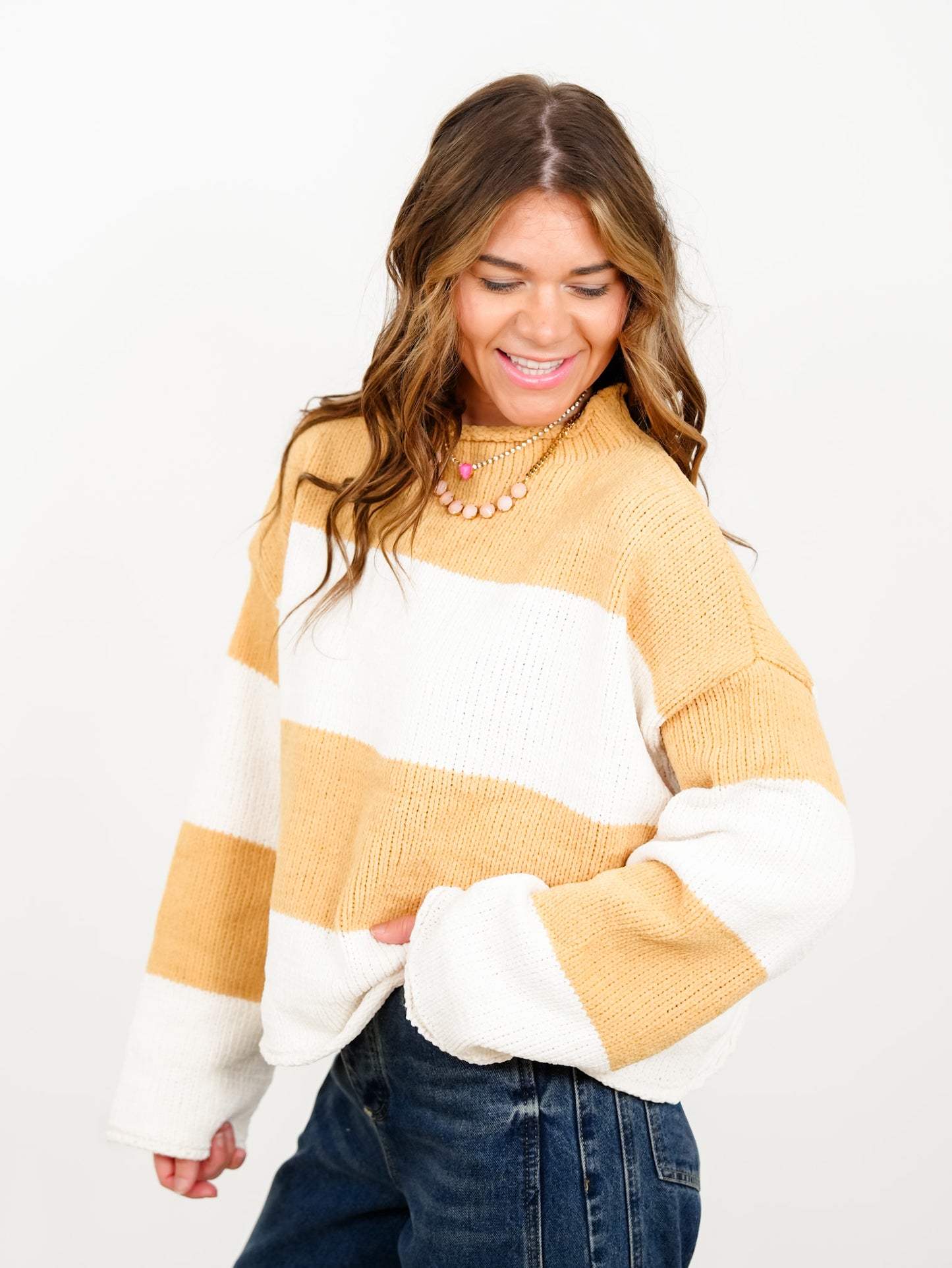 POL Stripe Long Sleeve Mock Neck Pullover Sweater