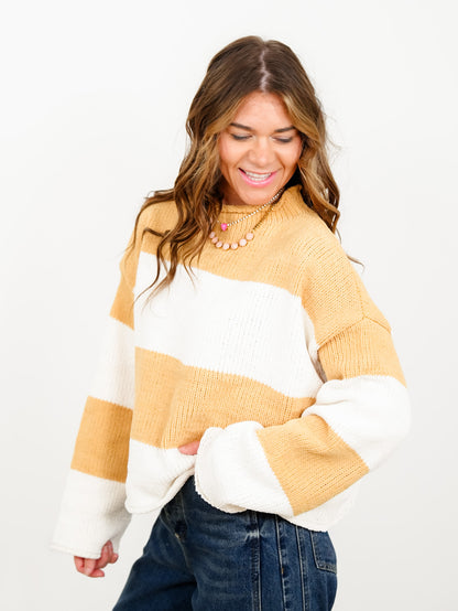 POL Stripe Long Sleeve Mock Neck Pullover Sweater