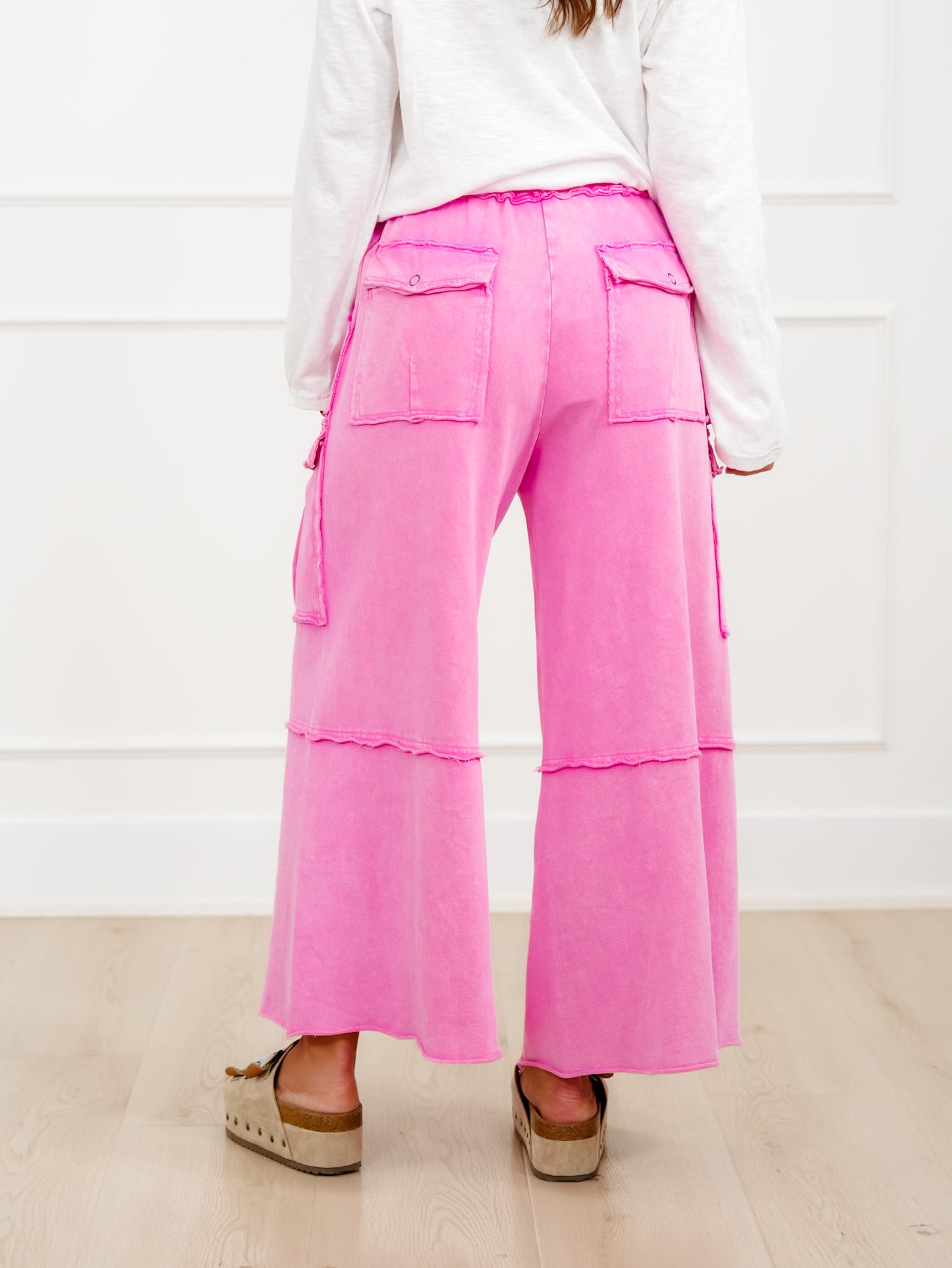 Mineral Wash Knit Elastic Waist Wide Leg Cargo Pants