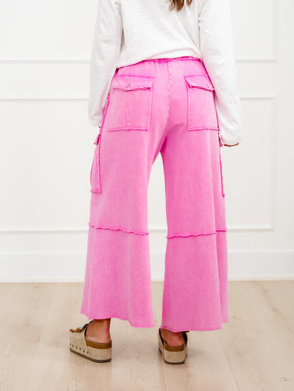 Mineral Wash Knit Elastic Waist Wide Leg Cargo Pants