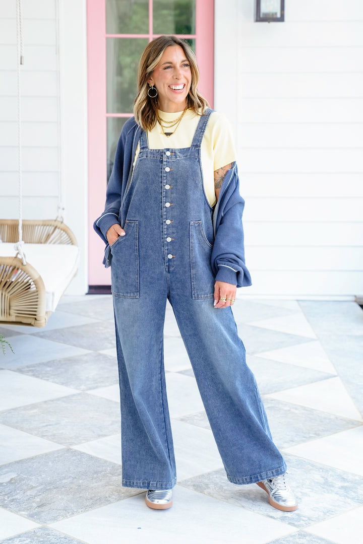 Plus/Reg Medium Wash Button Up Overalls