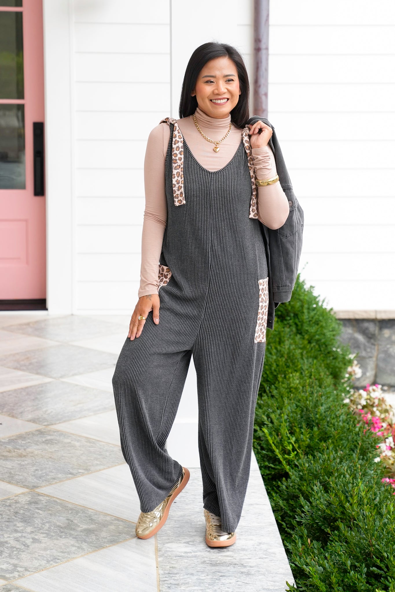 Plus/Reg Solid Ribbed Jumpsuit with Animal Print