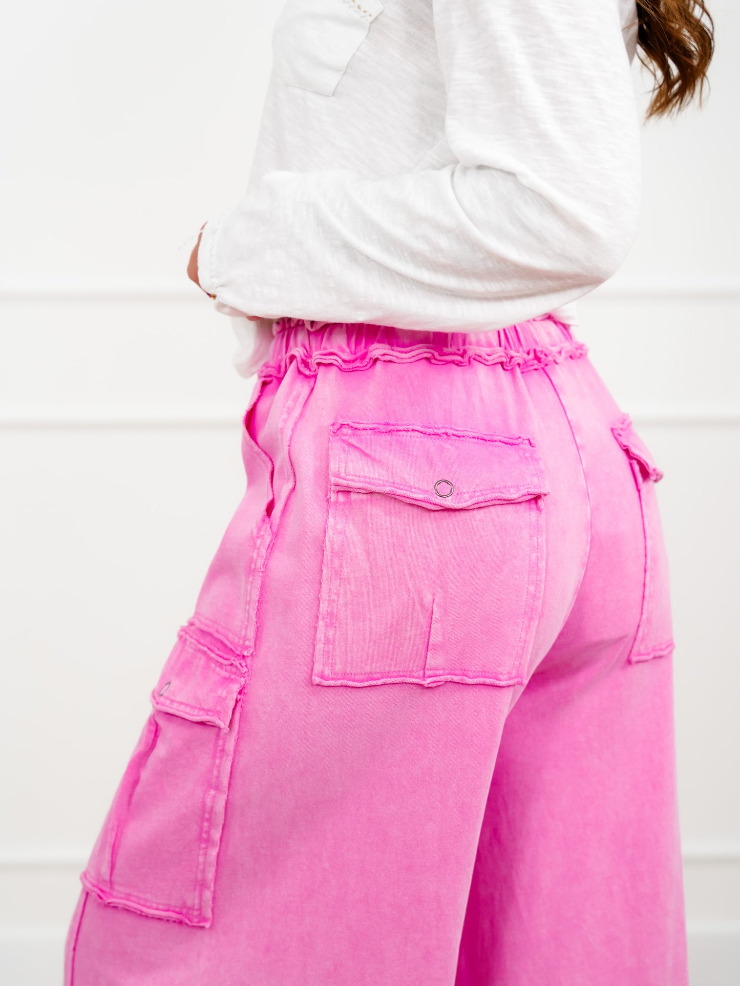 Mineral Wash Knit Elastic Waist Wide Leg Cargo Pants