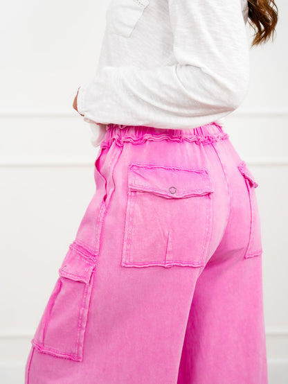 Mineral Wash Knit Elastic Waist Wide Leg Cargo Pants