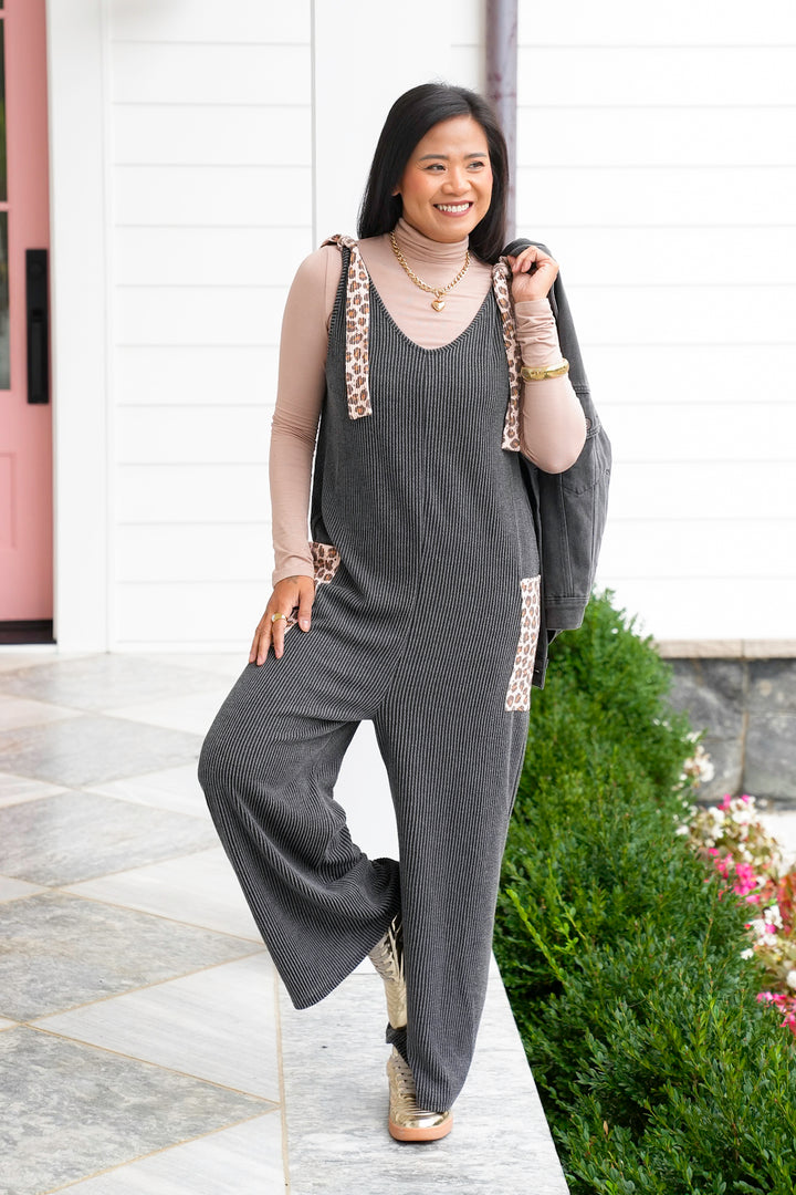 Plus/Reg Solid Ribbed Jumpsuit with Animal Print