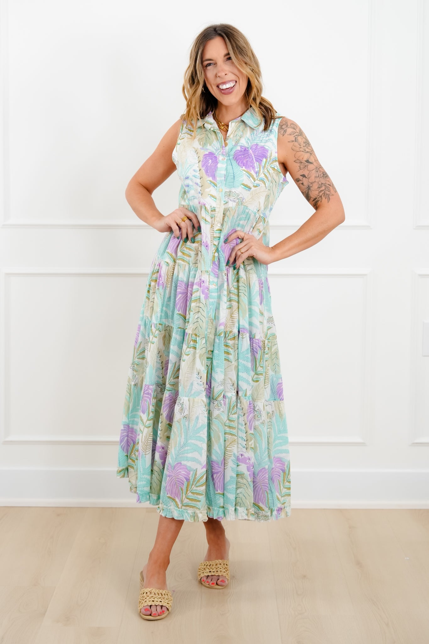 POL Tropical Print Sleeveless Button Up Tiered Dress
