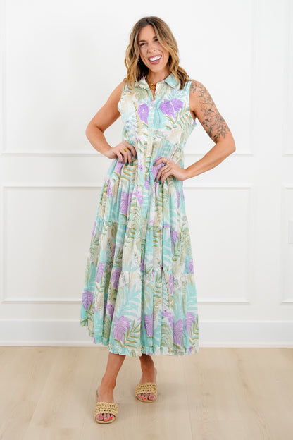 POL Tropical Print Sleeveless Button Up Tiered Dress