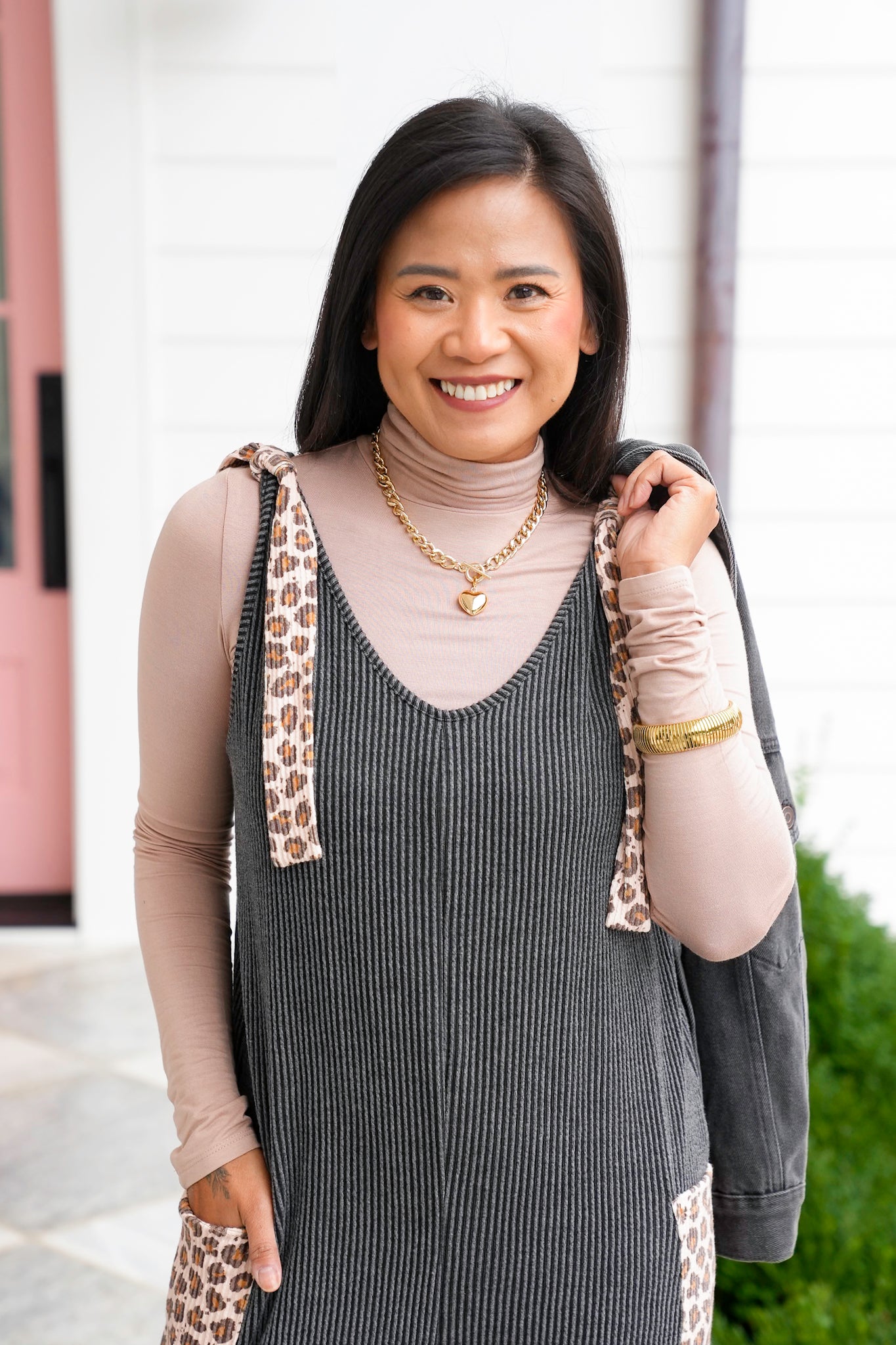 Plus/Reg Solid Ribbed Jumpsuit with Animal Print