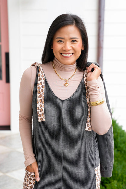 Plus/Reg Solid Ribbed Jumpsuit with Animal Print