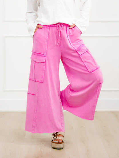 Mineral Wash Knit Elastic Waist Wide Leg Cargo Pants