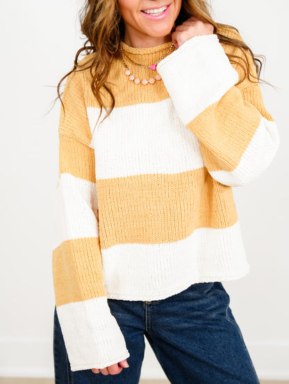 POL Stripe Long Sleeve Mock Neck Pullover Sweater
