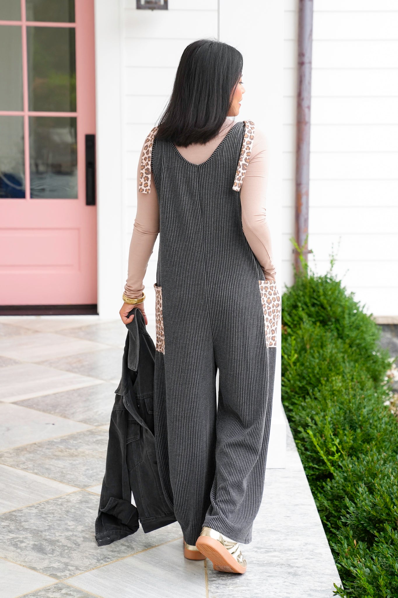 Plus/Reg Solid Ribbed Jumpsuit with Animal Print