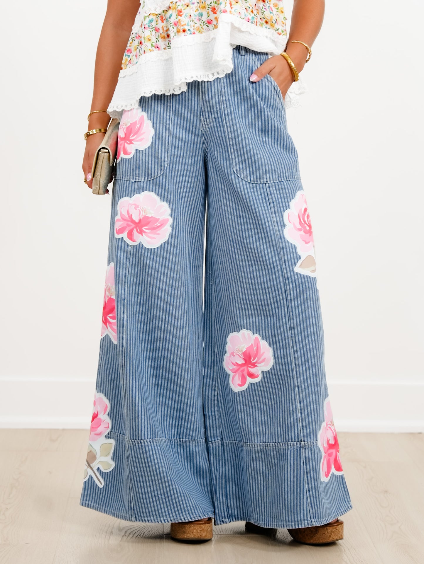 Plus/Reg Floral Stripe High Waist Wide Leg Pants