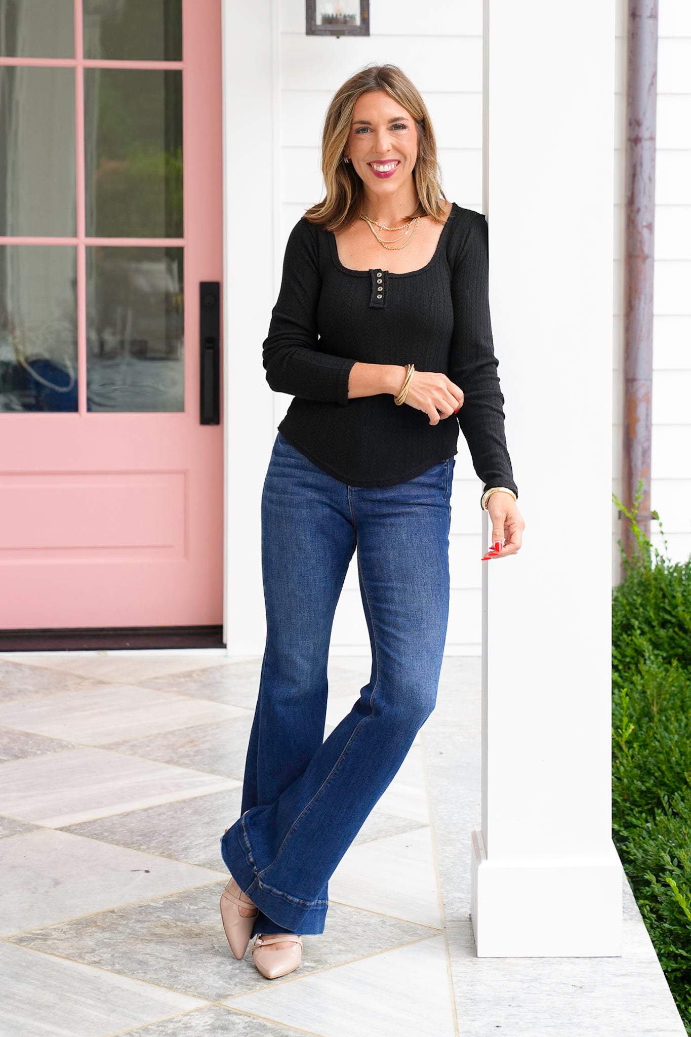 POL Textured Long Sleeve Square Neck Top