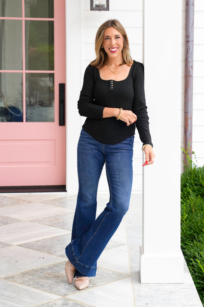 POL Textured Long Sleeve Square Neck Top