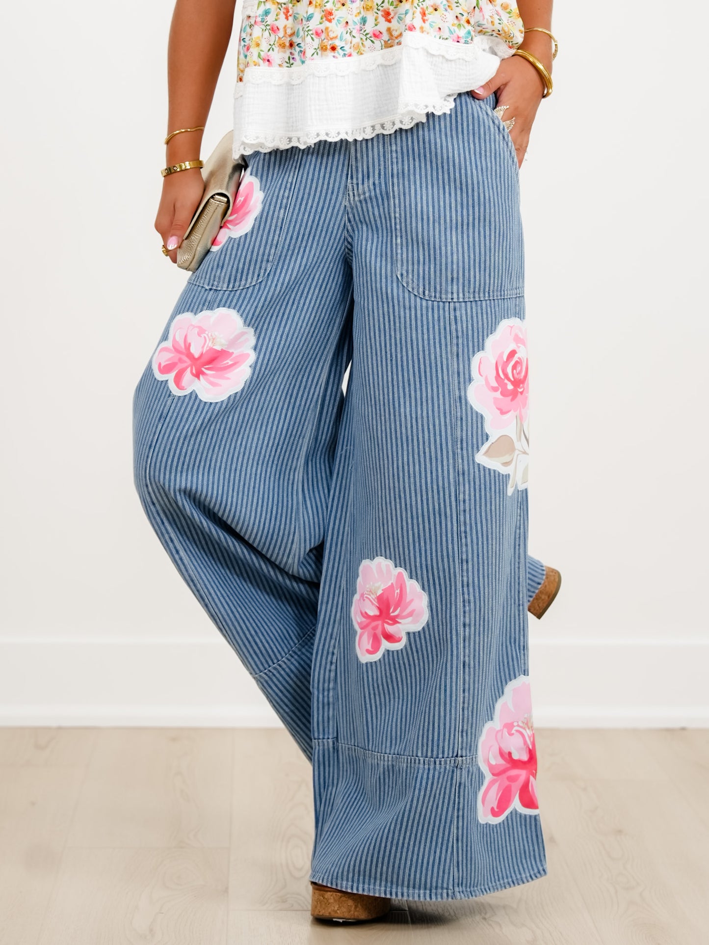 Plus/Reg Floral Stripe High Waist Wide Leg Pants