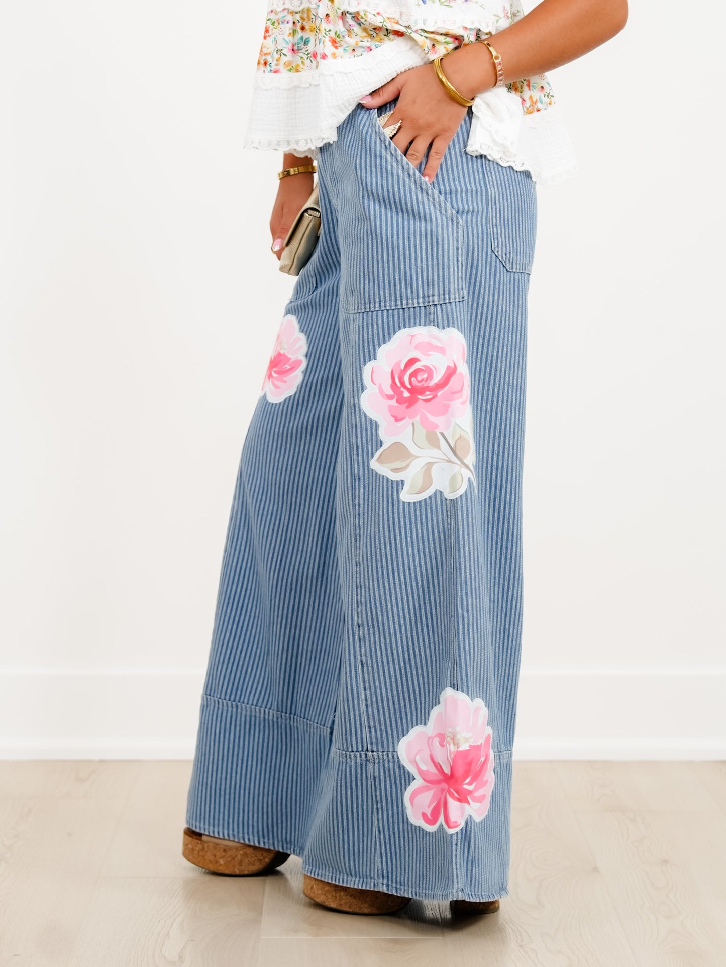 Plus/Reg Floral Stripe High Waist Wide Leg Pants