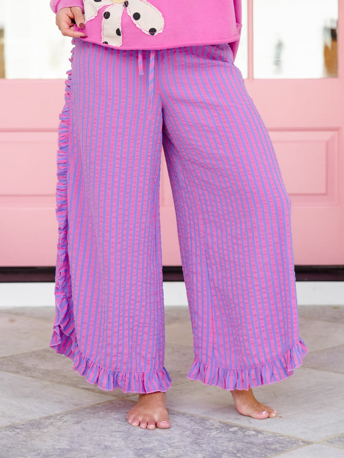 Stripe Elastic Waist Pants with Ruffle Trim - Freckled Poppy