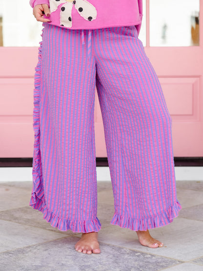 Stripe Elastic Waist Pants with Ruffle Trim - Freckled Poppy