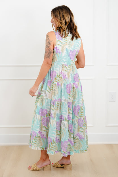 POL Tropical Print Sleeveless Button Up Tiered Dress