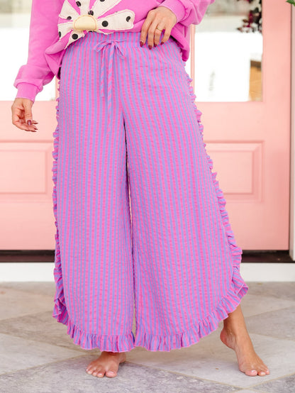 Stripe Elastic Waist Pants with Ruffle Trim - Freckled Poppy