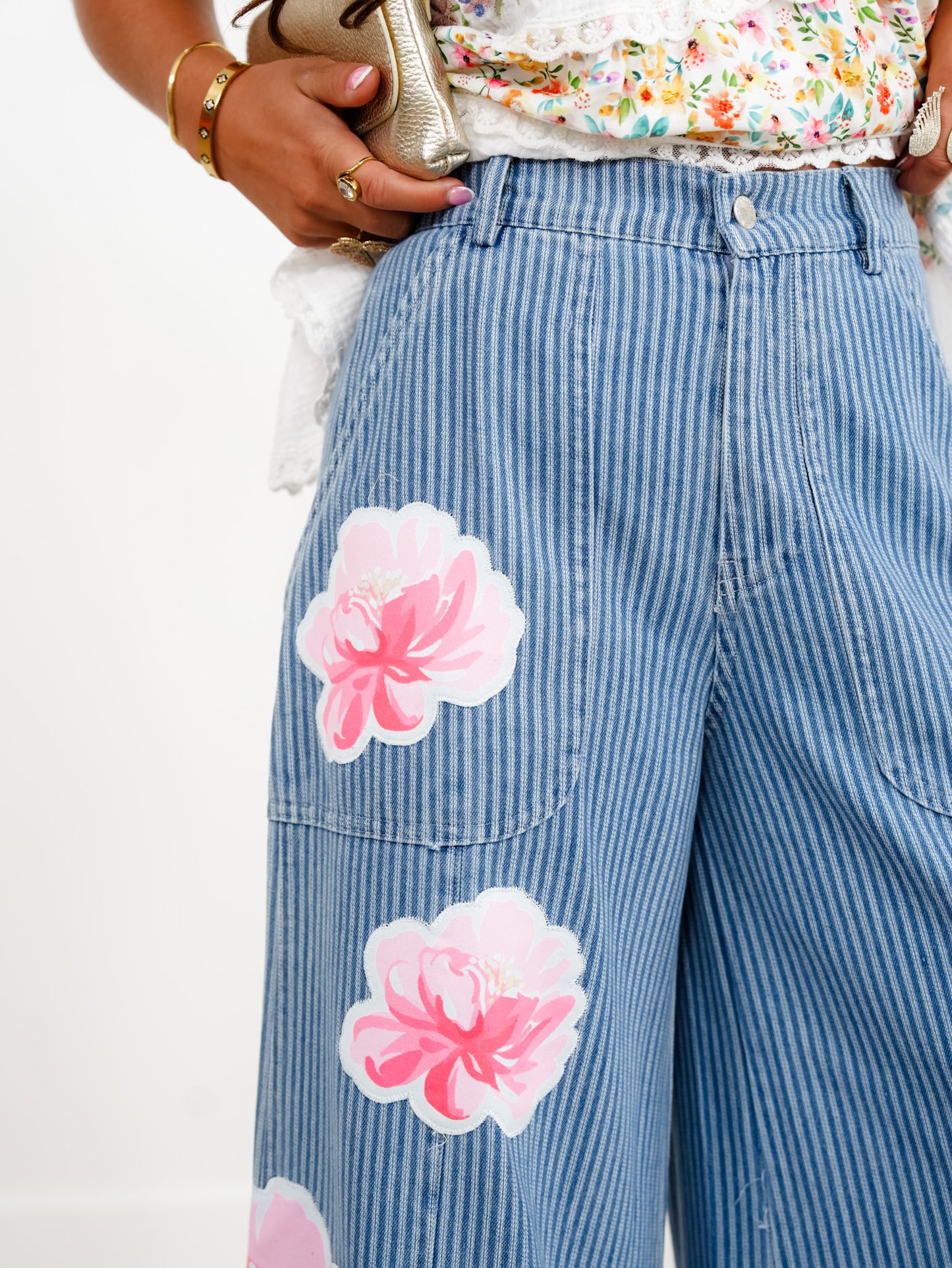 Plus/Reg Floral Stripe High Waist Wide Leg Pants