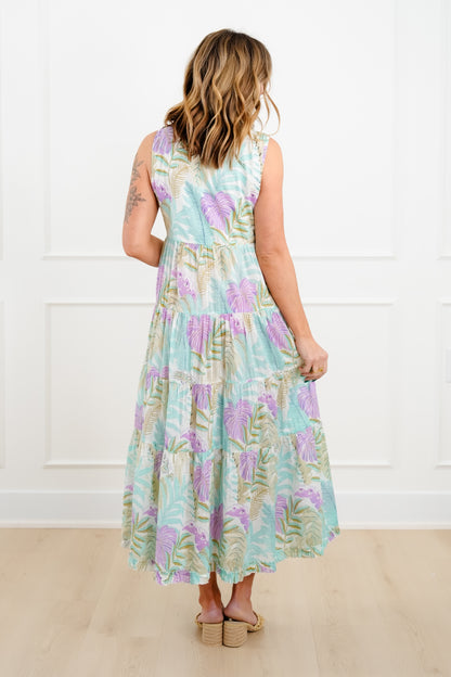 POL Tropical Print Sleeveless Button Up Tiered Dress