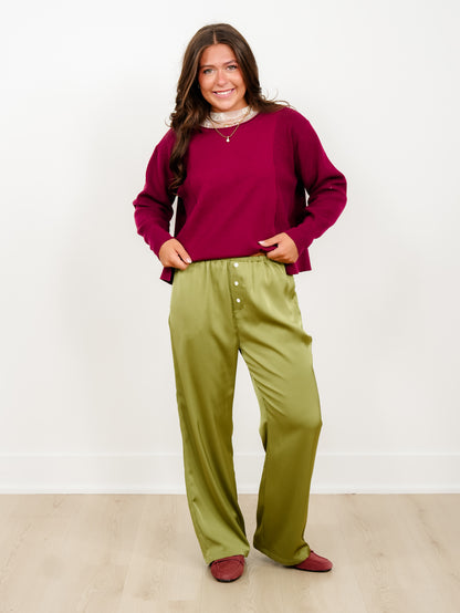 Satin Elastic Waist Pants with Side Pockets