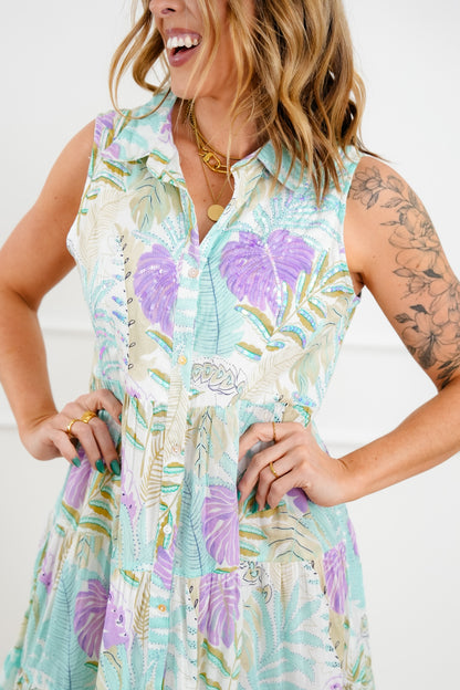 POL Tropical Print Sleeveless Button Up Tiered Dress