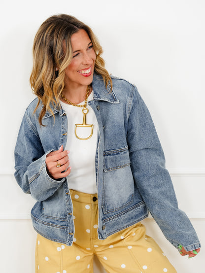 Restock! Veveret Medium Wash Long Sleeve Jacket with Big Pocket Detail