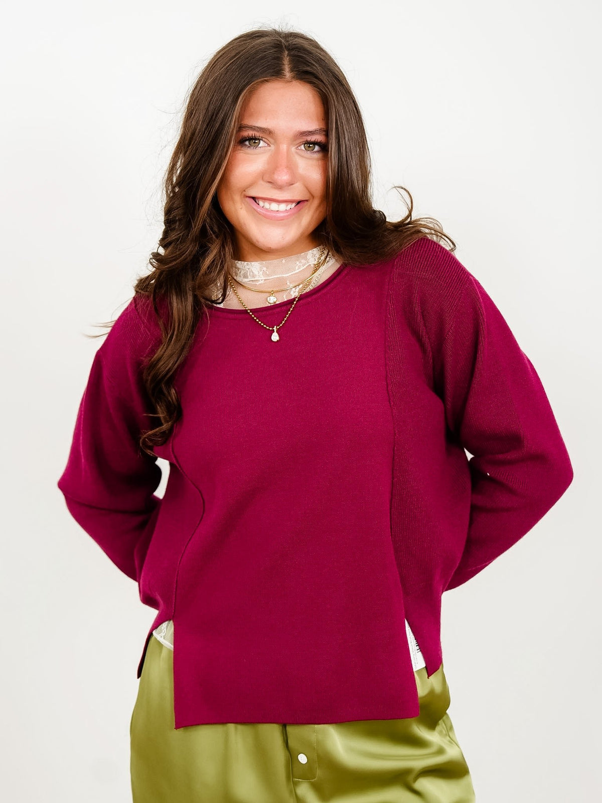 Solid Long Sleeve Boat Neck Knit Sweater - Freckled Poppy