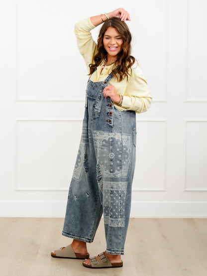 Distressed Vintage Wash Bandana Print Overalls