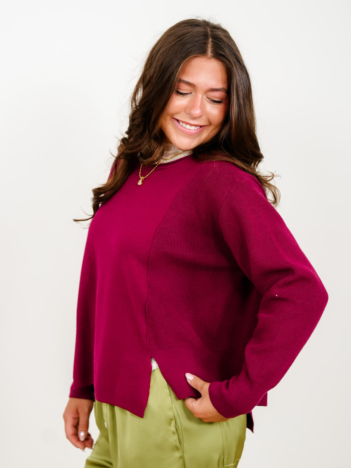 Solid Long Sleeve Boat Neck Knit Sweater - Freckled Poppy