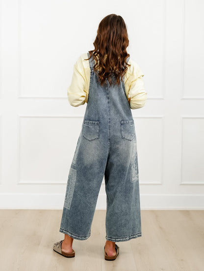 Distressed Vintage Wash Bandana Print Overalls