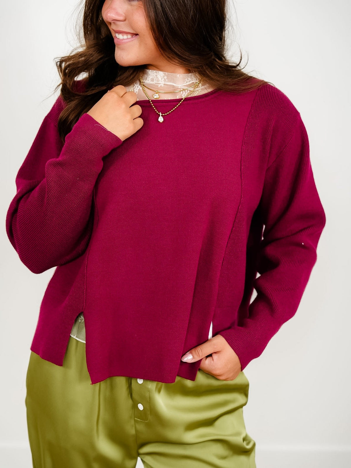 Solid Long Sleeve Boat Neck Knit Sweater - Freckled Poppy