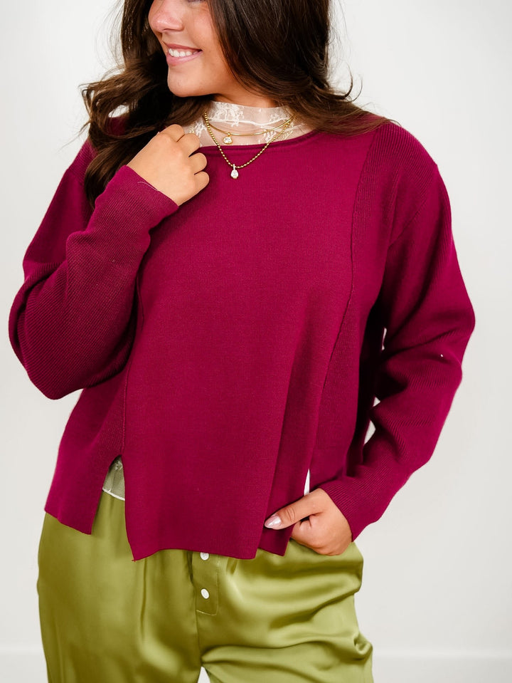 Solid Long Sleeve Boat Neck Knit Sweater - Freckled Poppy